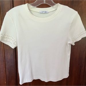 Zara cropped white shirt with pearls